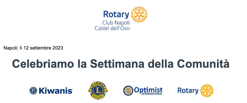 Il Rotary Club Napoli Castel dell’Ovo celebra il 14 settembre la Settimana della Comunità